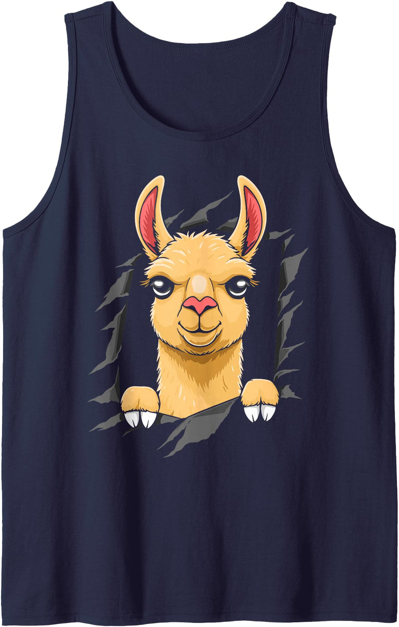 Llama looks from torn fabric Cute llama torn fabric funny llama lovers kids women men Tank Top - Navy Blue