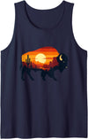 Wild Bison Sunset Desert Landscape Nature Desert Buffalo Silhouette Cactus Sunset Scene Tank Top - Navy Blue