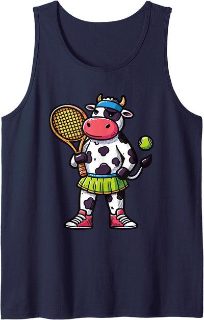 Cow Tennis Racket Ball Player Playing Tennis Club Animals Tank Top