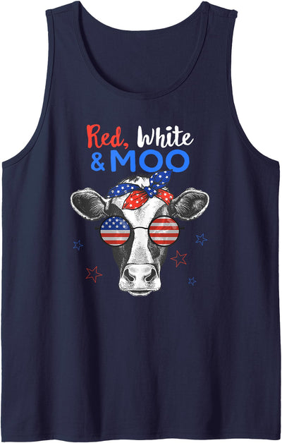 Patriotic Cow Usa Flag Funny 4th of July Red White and Moo Tank Top