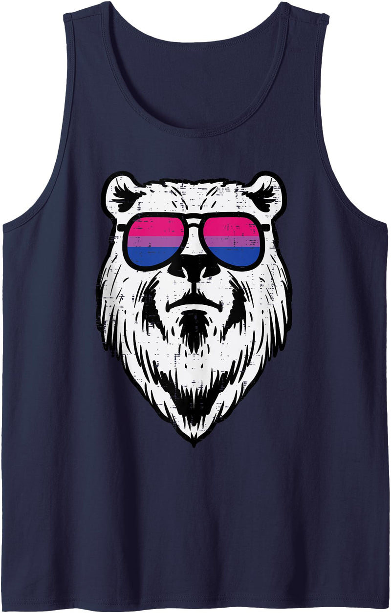 Bisexual Bi Pride Stuff Men Women Gifts Bear Face Bisexual Sunglasses Bi Pride Flag LGBTQ Men Women Tank Top - Navy Blue