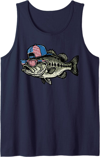 4th of July Bass Fish US Flag Cap Patriotic Fishing Men Kids Tank Top
