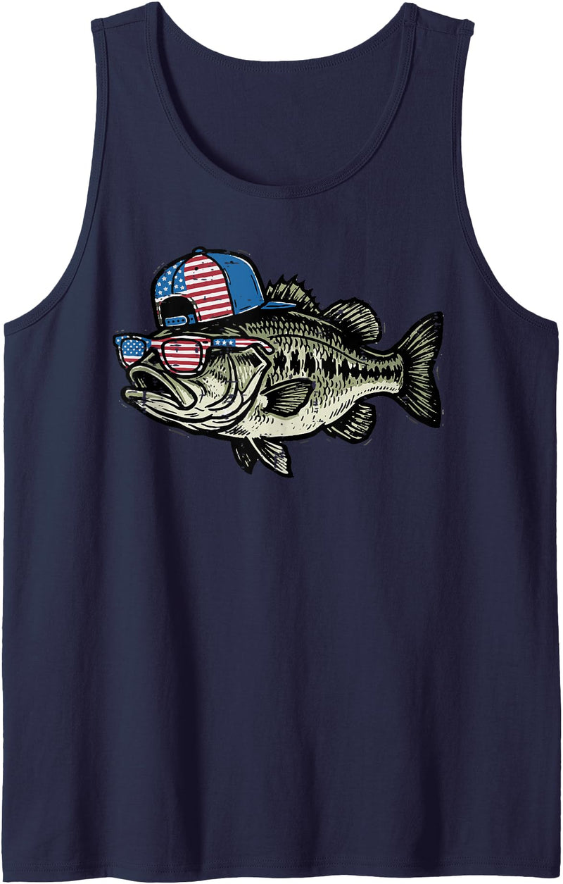 4th Of July For Women Men Kids Fourth Gift 4th of July Bass Fish US Flag Cap Patriotic Fishing Men Kids Tank Top - Navy Blue