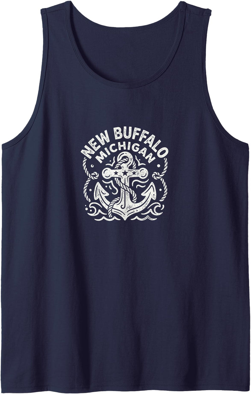 CoastlineCotton - New Buffalo Michigan New Buffalo Michigan Cute Anchor Nautical Boating Tank Top - Navy Blue
