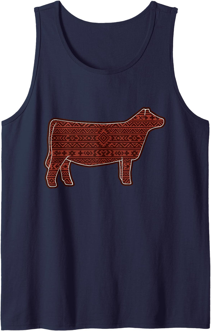 Heifer Cow Animal Stock Show Livestock Breeder Cute Aztec Show Heifer Mama Funny Stock Show Livestock Cow Tank Top - Navy