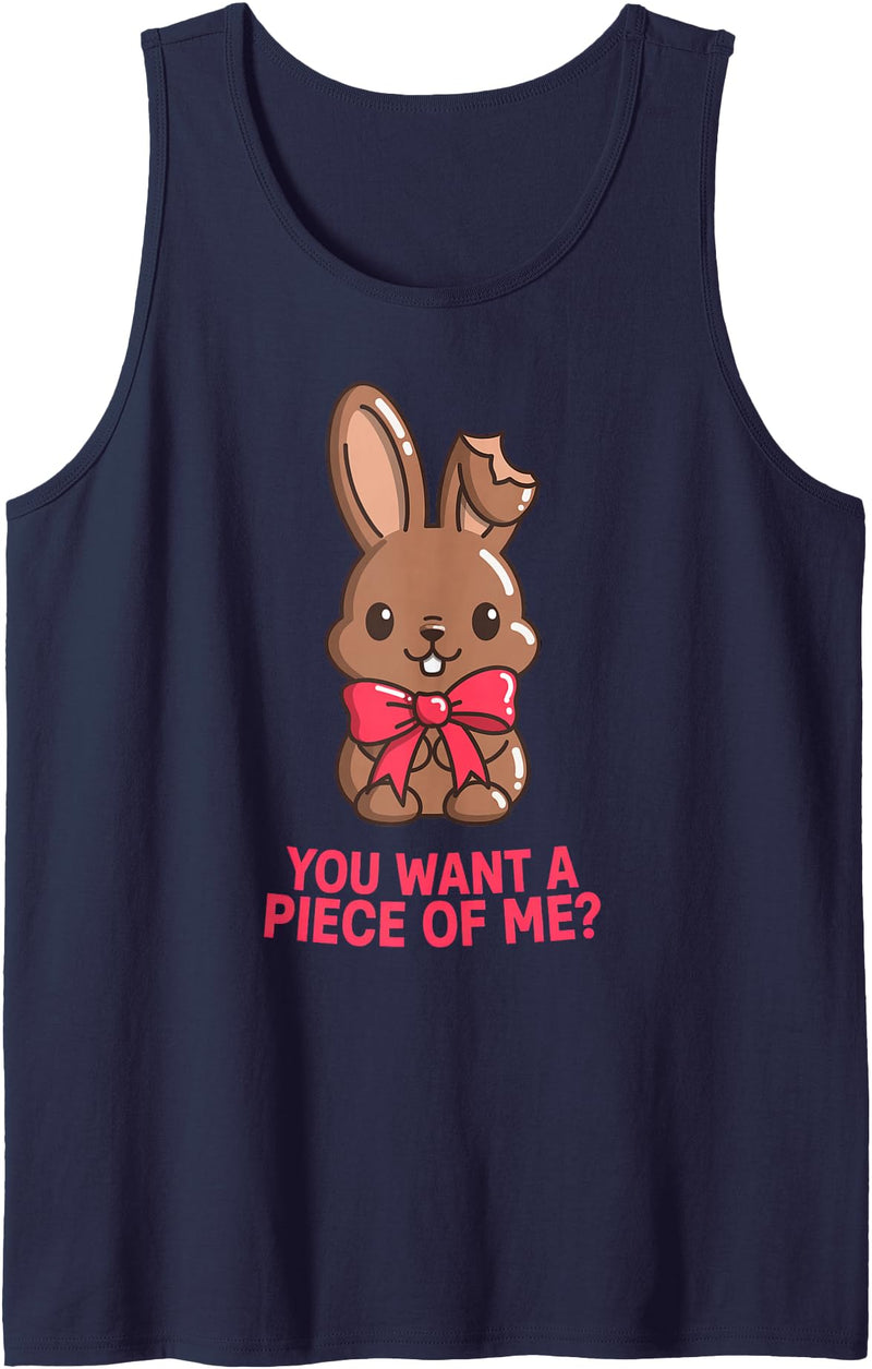 Chocolate Bunny Do You Want Piece of Me Funny Easter Rabbit Tank Top in Navy Blue