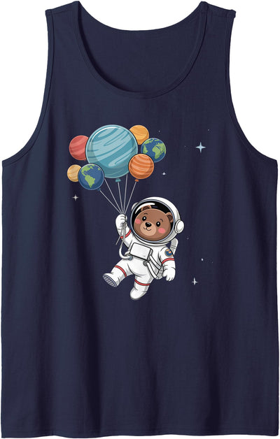 Womens Astronaut Bear Holding Planet Balloons Outer Space Tank Top