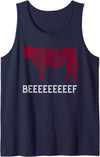 Funny Carnivore Designs Fun Meat Lover Cow BBQ Barbecue Beef Cuts Illustration Tank Top - Navy Blue