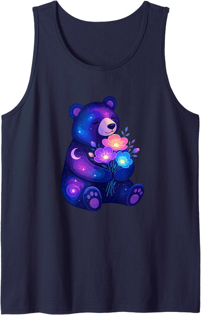 Cosmic Night Bear with Colorful Space Flowers Tank Top