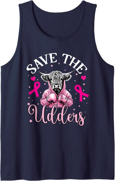 Funny Breast Cancer Awareness Men Kids Save the Udders Cow Tank Top