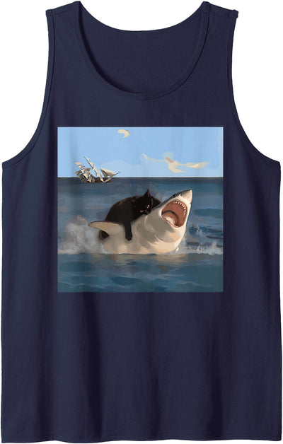 Funny Cat and Shark Cool Fat Cat gifts ideas Cat Biting Shark Funny Art and Cat Lover Funny Cat and Shark Tank Top