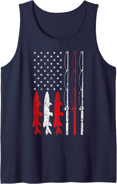 American Flag Fishing rod line pole fish stripes Fisherman Tank Top