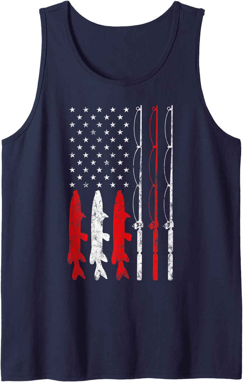 Who love Fishing Fisherman American Flag Fishing rod line pole fish stripes Fisherman Tank Top - Navy Blue
