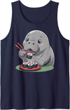 Manatee Sea Cow Lover Floaty Potato Ocean Cute Kawaii Manatee Ocean Animal Eating Sushi Tank Top - Navy Blue