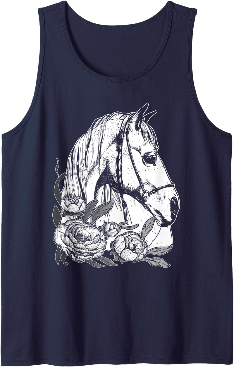 Horse designs by Content Design Studio Beautiful horse with roses, floral Tank Top - Navy Blue