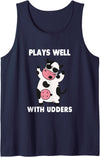 Funny Plays Well With Udders Humorous Cow Farm Life Farm Pun Tank Top - Navy Blue