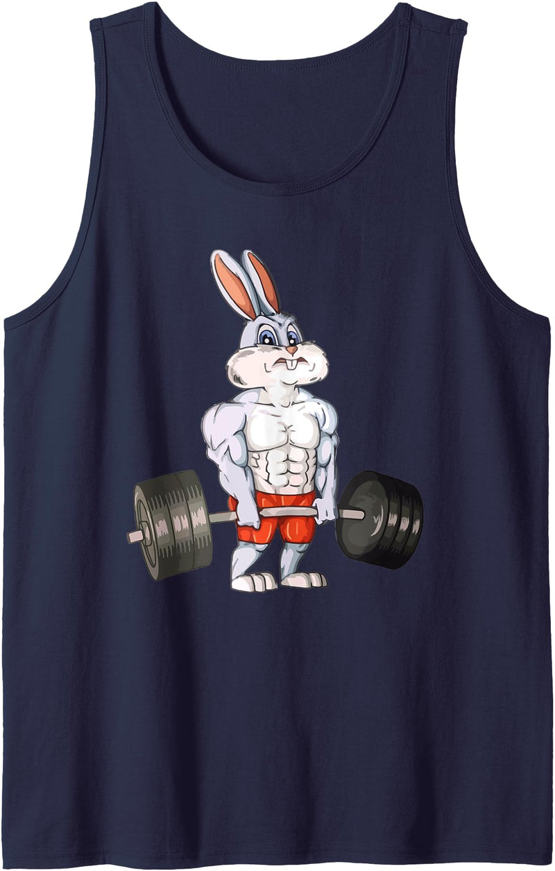 Rabbit Weightlifting Funny Deadlift Fitness Easter Day Tank Top in Navy Blue