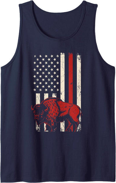 Cow Red Buffalo on Distressed American Flag Tank Top