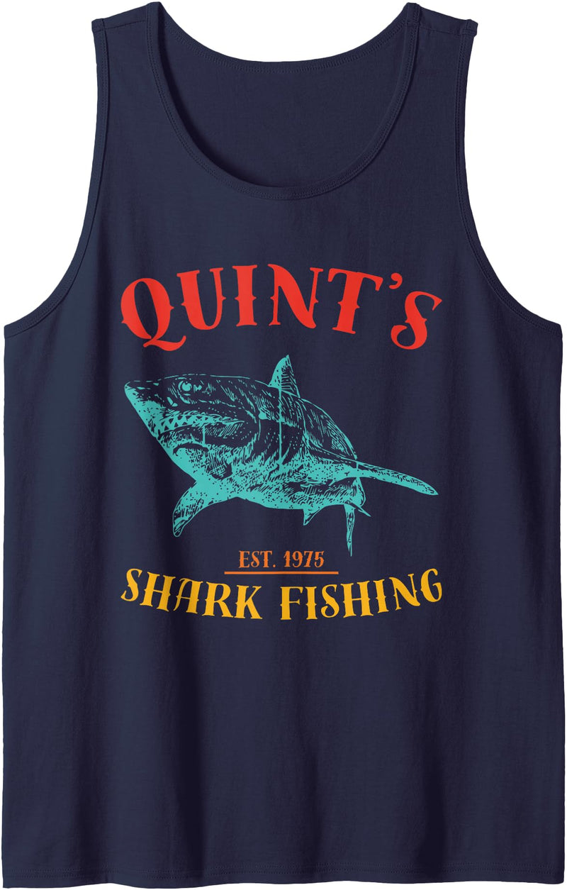 Quint’s Shark est. 1975 Fishing Funny Retro Fishing Tank Top - Navy Blue
