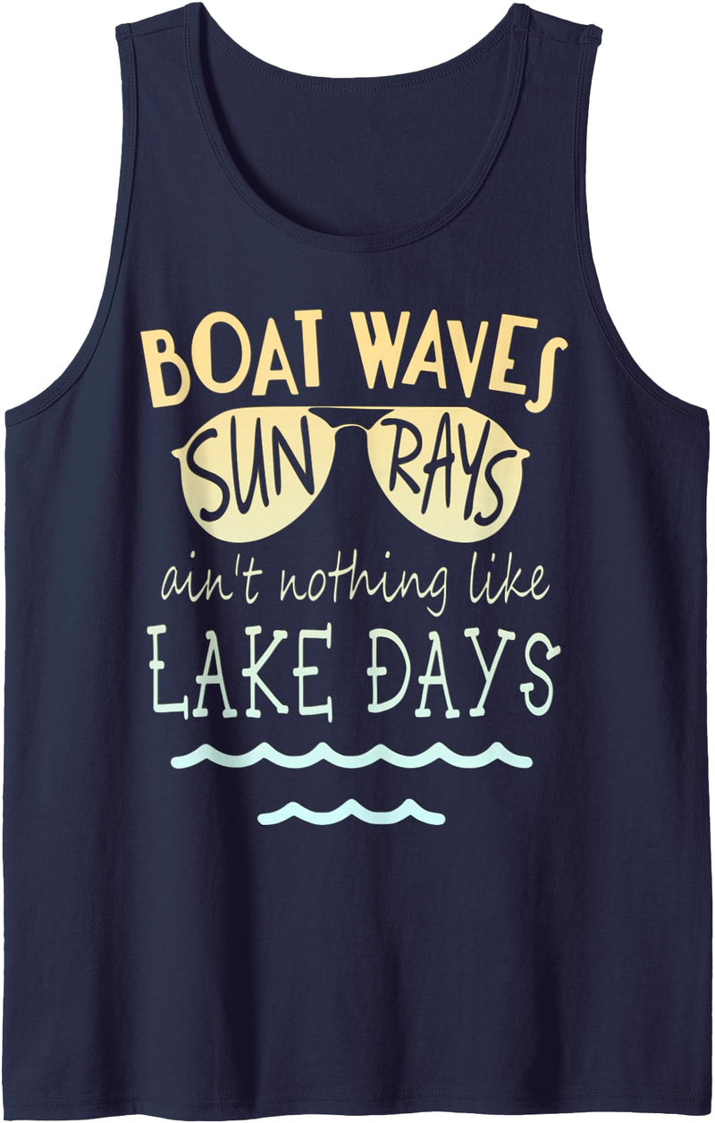 AMG Crafted Creations Boat Waves Sun Rays Lake Days Tank Top - Navy Blue