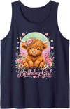 Adorable Highland Cow Birthday Girl Toddlers Teens Cute Birthday Girl for Highland Cow Lovers Party Outfit Tank Top - Navy