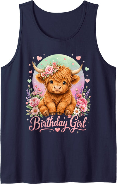 Adorable Highland Cow Birthday Girl Toddlers Teens Cute Tank Top