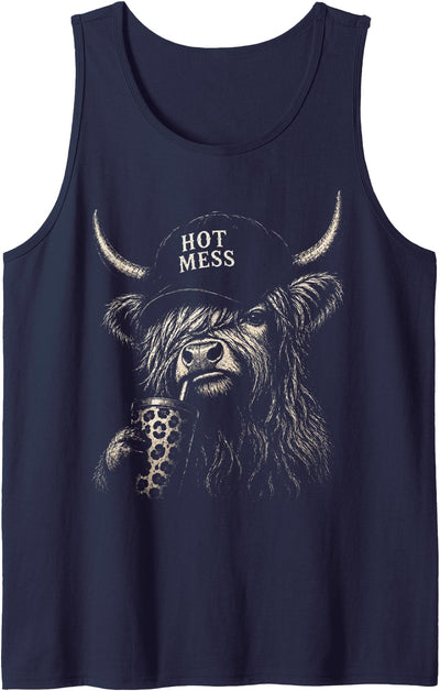 Hot Mess Highland Cow Funny Cute Coffee Lover Leopard Tank Top