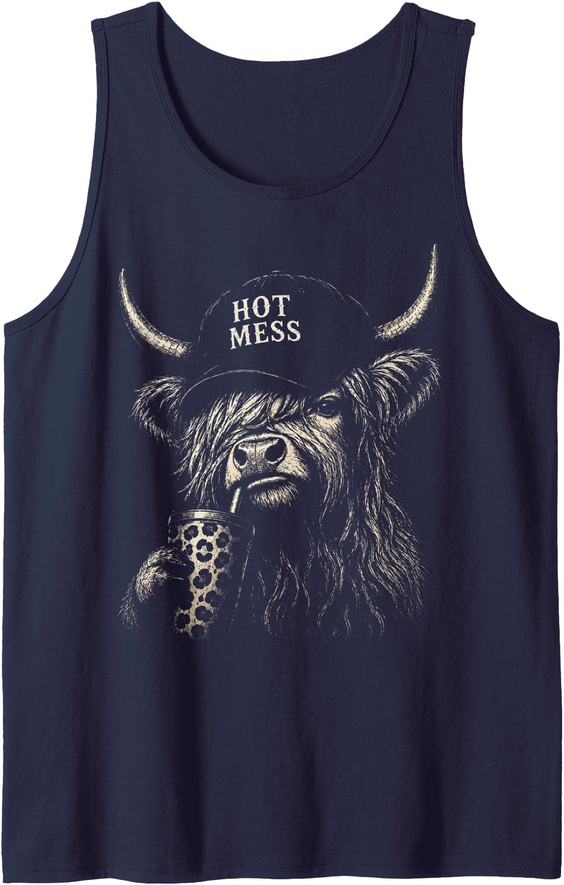 Hot Mess Highland Cow Funny Cute Coffee Lover Hot Mess Leopard Highland Cow Coffee Farm Animal Lover Tank Top - Navy Blue