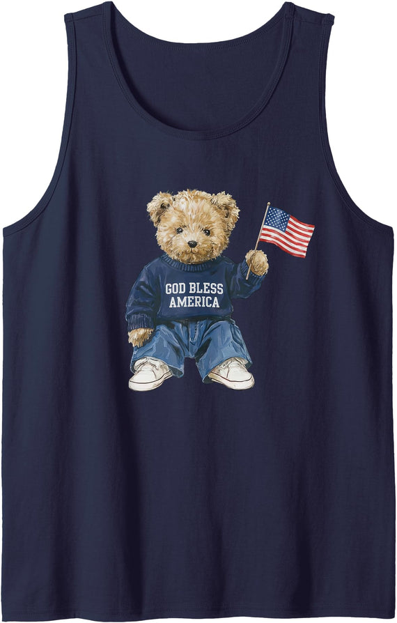Cute Patriotic Teddy Bear Designs God Bless America Teddy Bear Patriotic 4th of July Tank Top - Navy Blue