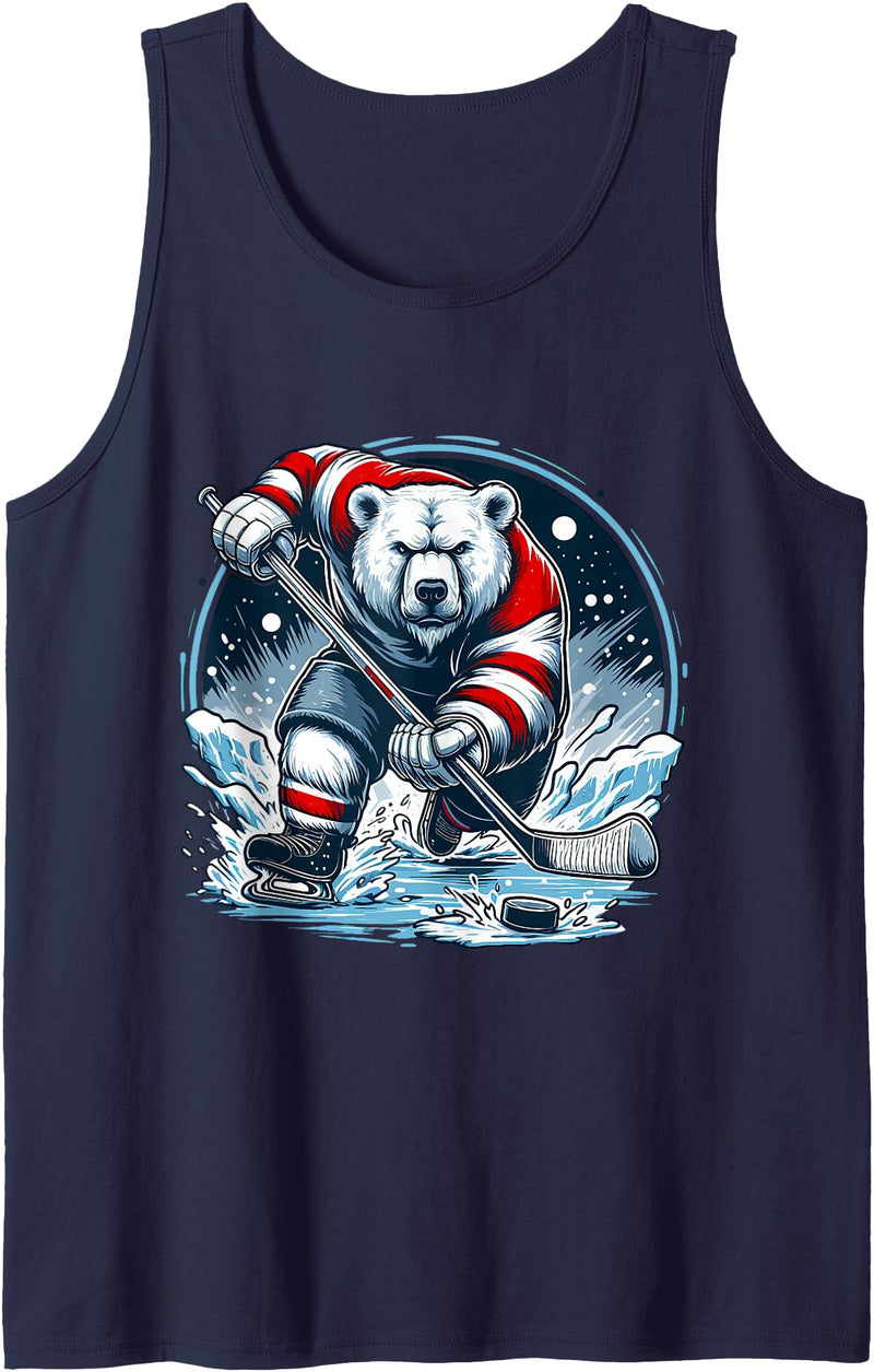 Hockey Player Love Polar Bear Hockey Bear on Ice: A Funny Polar Bear Playing Hockey Tank Top - Navy Blue