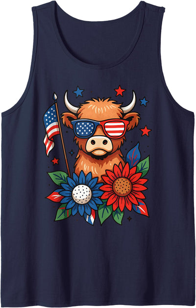 Patriotic Highland Cow T-Shirt - Vintage Americana Design