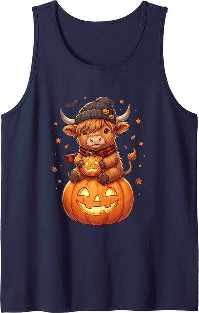 Highland Cow Halloween Cute Pumpkin Autumn Womens Girls Tank Top