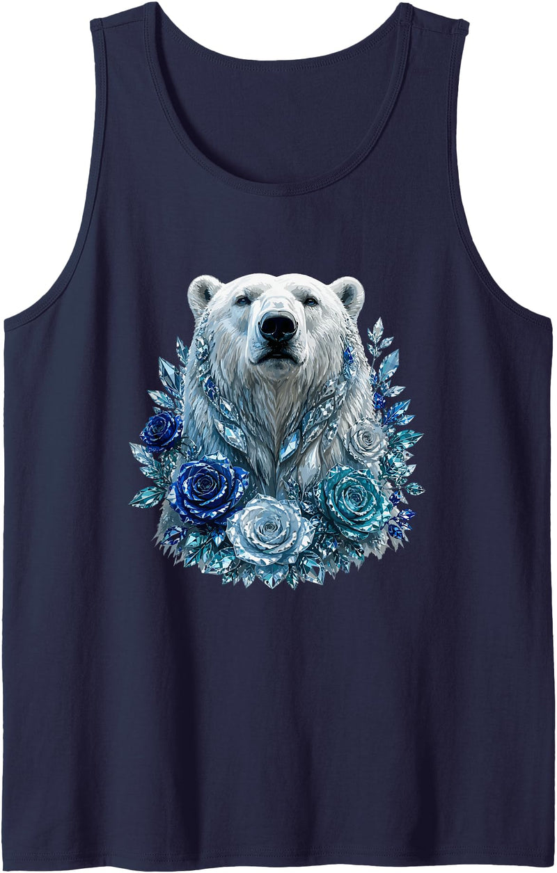 Arctic Polar Bear Crystal Rose Winter Spirit Majestic Polar Bear with Blue Ice Crystal Roses Tank Top - Navy Blue