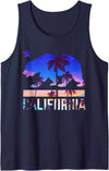 Cali Vaporwave Sunset Co California Bear Palm Trees State Tank Top - Navy Blue