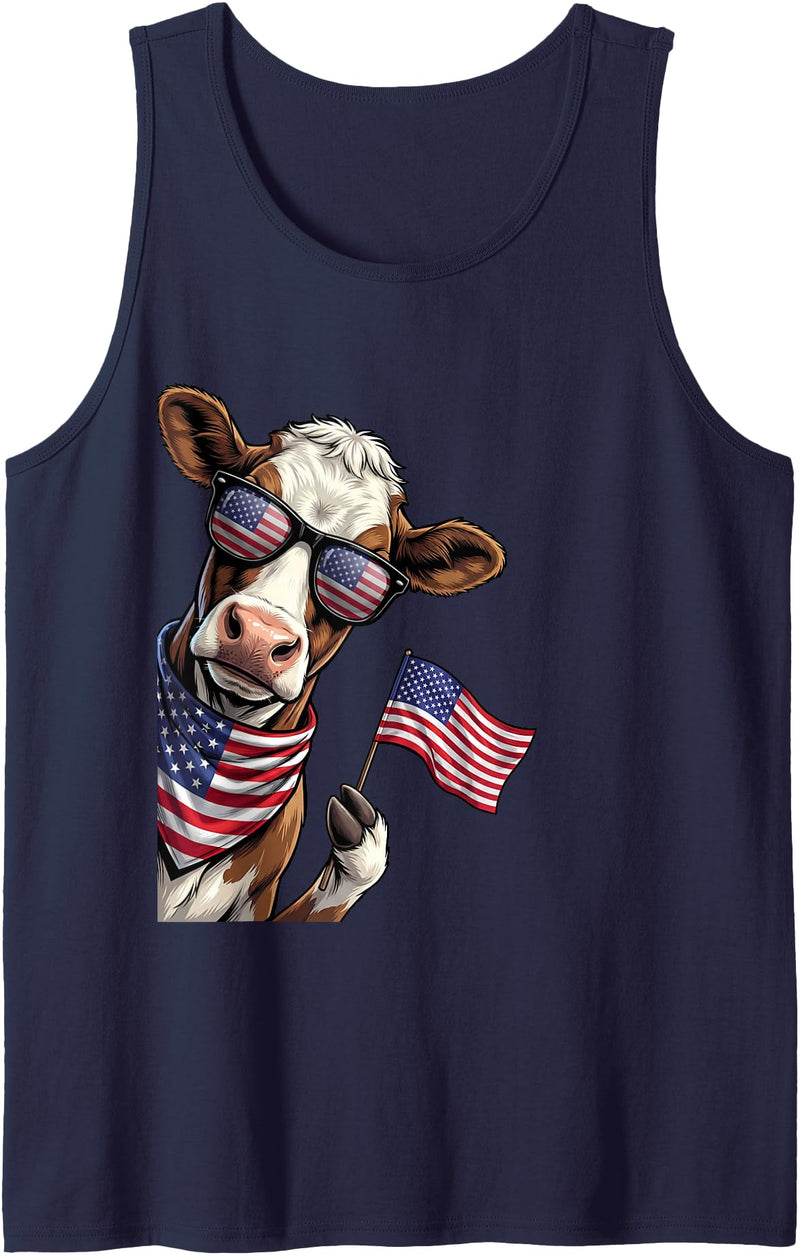 Patriotic Cow Farmer USA Graphic Cow Farmer Patriotic American Flag 4th of July USA Tank Top - Navy Blue