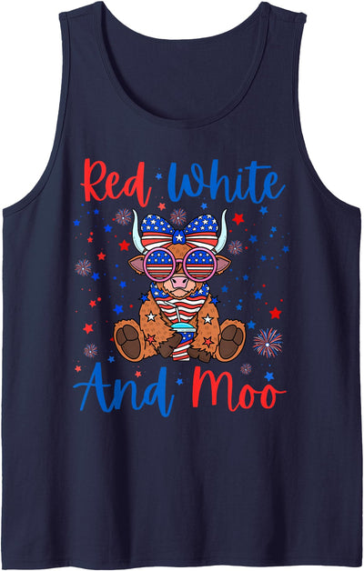 Kids Girls Red White and Moo Patriotic Highland Cow 4th Tank Top