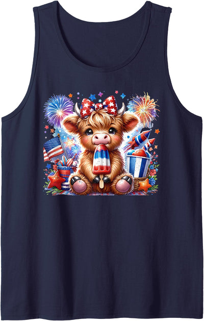 Highland Cow Costume Us Flag 4th of July Gifts Popsicle Tank Top