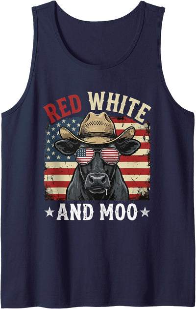 Red White and Moo Funny Cow American Flag Patriotic Tank Top