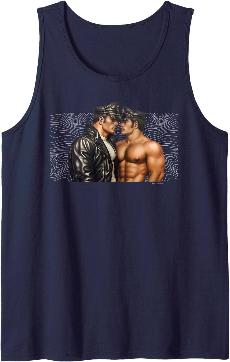Vintage Gay Art Design Studio Retro Gay Leather Biker Gay Pride Daddy Bear Mustache Tank Top - Navy Blue
