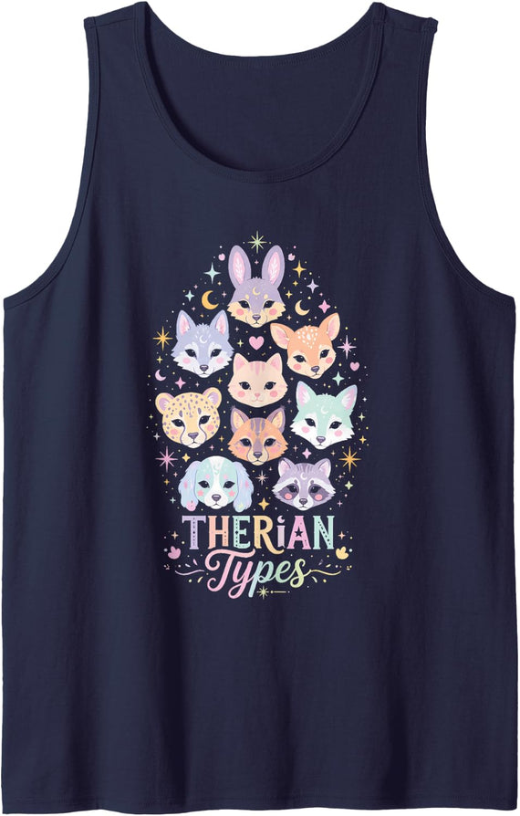 Cute Therian Types Animal Faces Wolf Fox Cat Rabbit Tank Top - Navy Blue