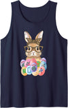 Easter Bunny Glasses Bandana Leopard Rabbit Mahjong Player Tank Top in Navy Blue