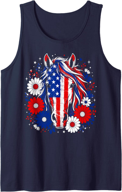 Pride Horse Lover American Flag Independence Day Patriotic Horse USA Flag Daisy Flowers 4th of July Summer Tank Top