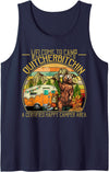 Funny Camping Bear Drinking Beer Design Welcome to Camp Quitcherbitchin Funny Camping Retro Sunset Tank Top - Navy Blue