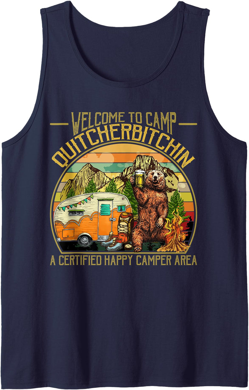 Funny Camping Bear Drinking Beer Design Welcome to Camp Quitcherbitchin Funny Camping Retro Sunset Tank Top - Navy Blue