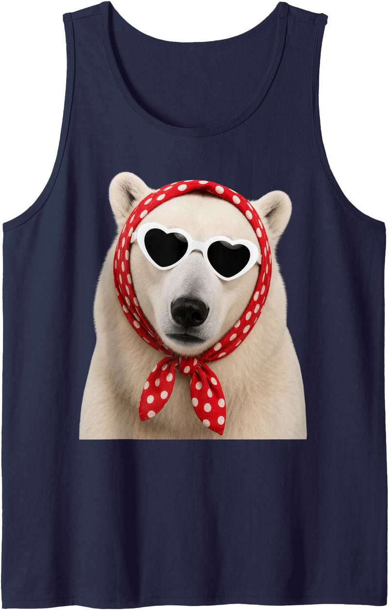 Funny Polar Bear with Sunglasses Cute Polar Bear Lover Heart Sunglasses Tank Top - Navy Blue