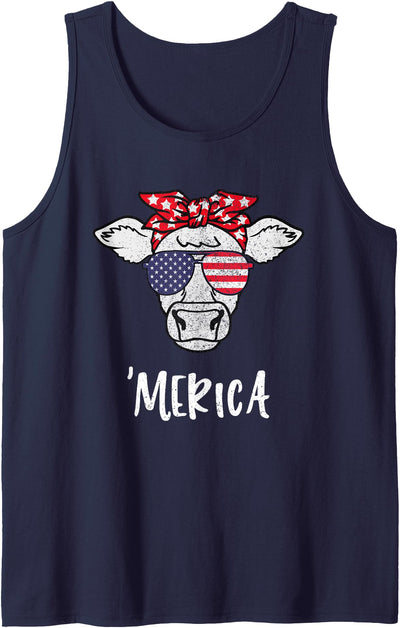 Funny Merica Cow America 4th of July Retro Vintage Merica Tank Top