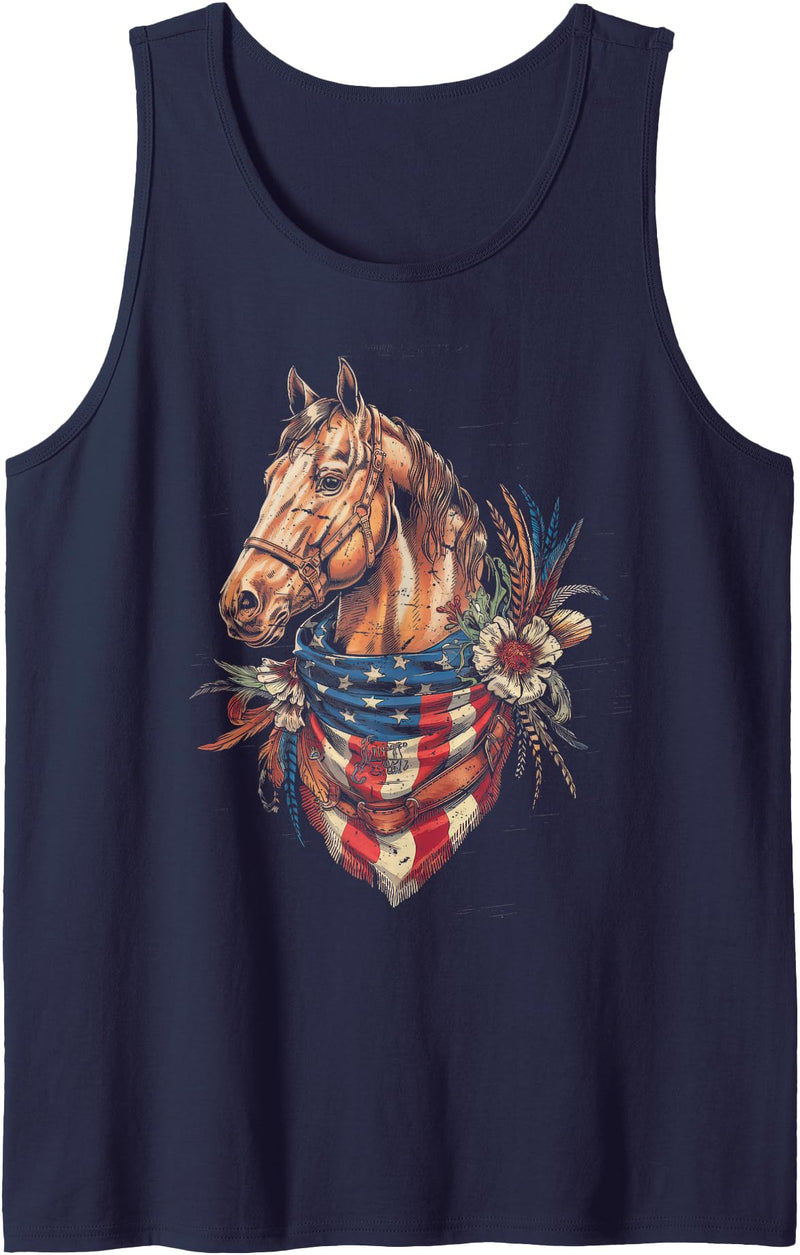 American Flag Horse Tshirt Women Girl Men Rodeo American Flag Horse Riding Tshirt Women Country Patriot USA Tank Top - Navy Blue