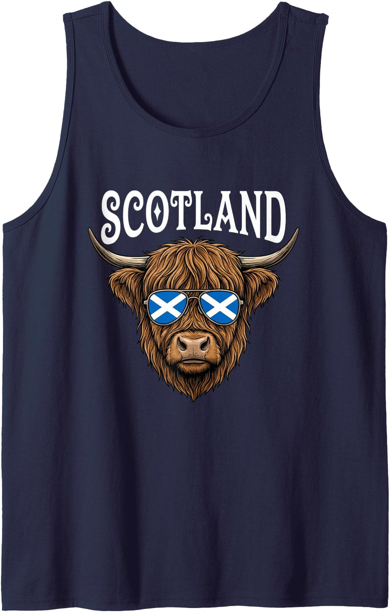 Scottish Scotland Designs By LBOL Scotland Highland Cow Sunglasses Saltire Flag Tank Top - Navy Blue