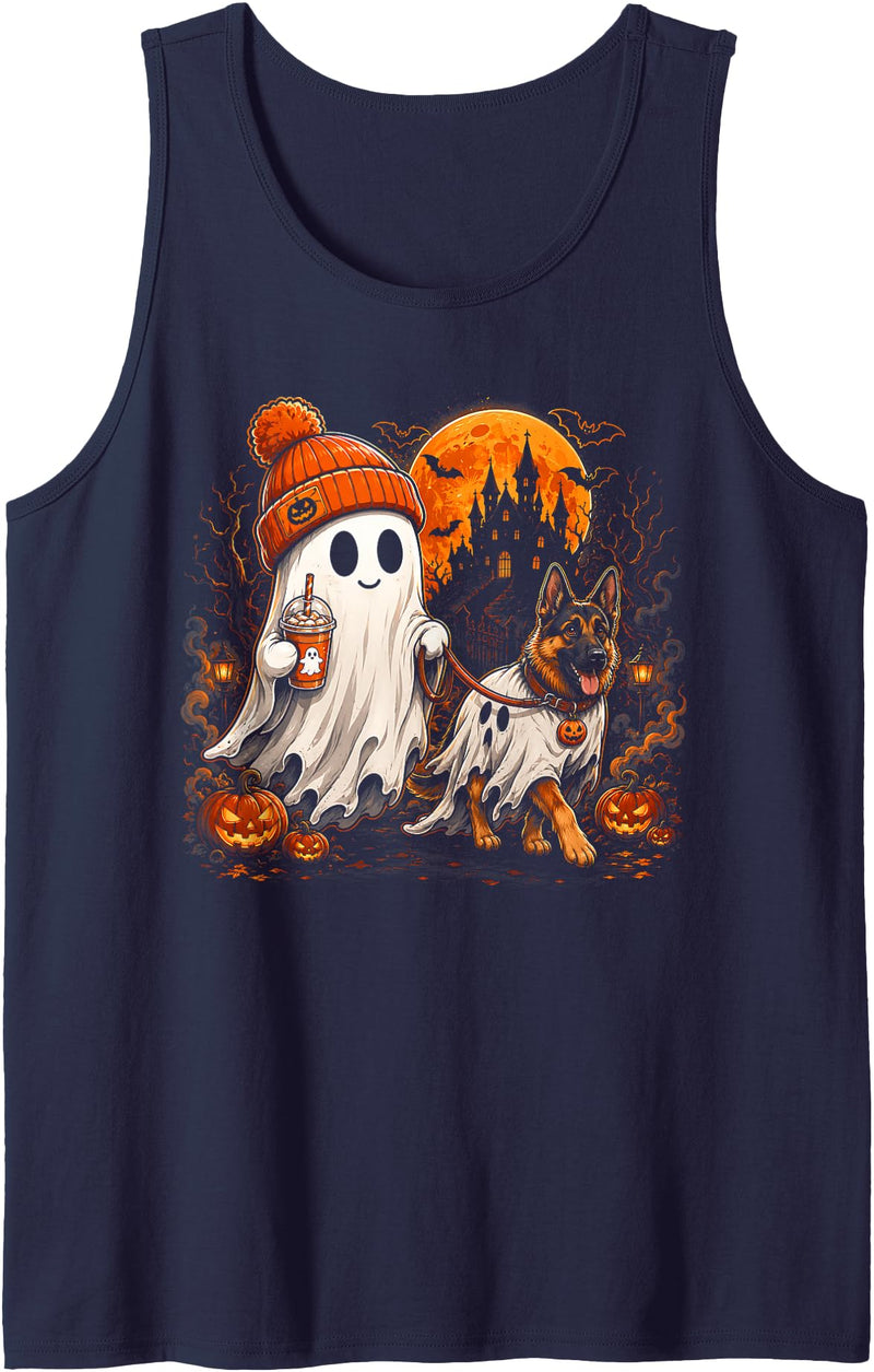 Halloween Ghost German Shepherd Fall Pumpkin Dog Funny Ghost Walking German Shepherd Halloween Dog Lover Tank Top - Navy Blue
