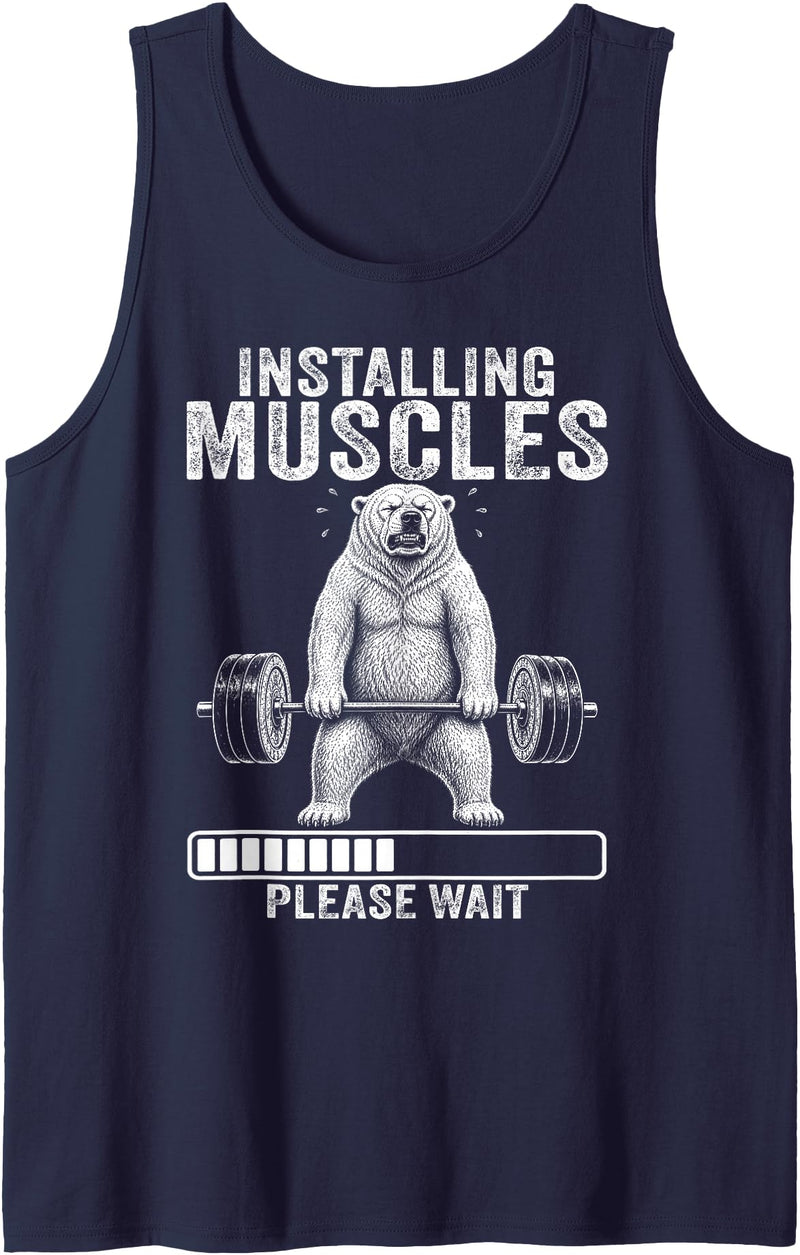 Funny Polar Bear Fitness Deadlift Workout Installing Muscles Please Wait Polar Bear Gym Tank Top - Navy Blue
